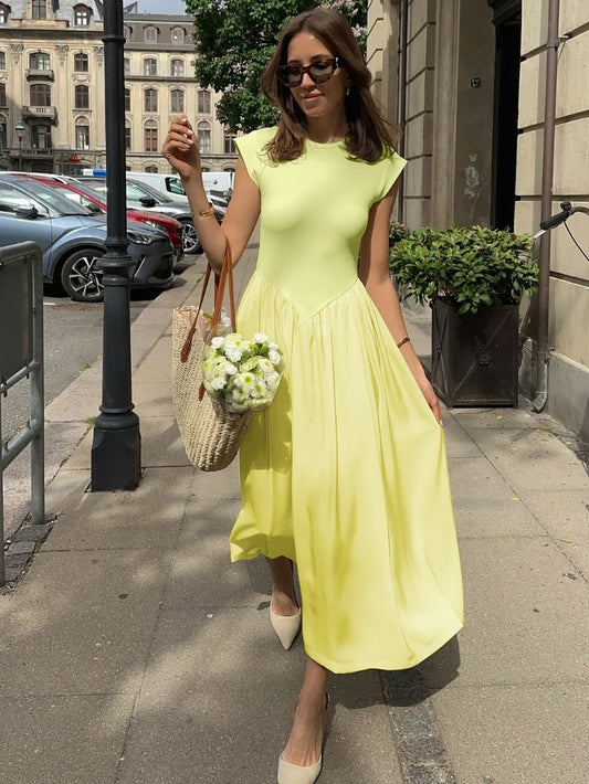 Elegant Fashion Sleeveless Long Dresses for Summer Casual Loose Yellow Dress French Style Woman Clothes