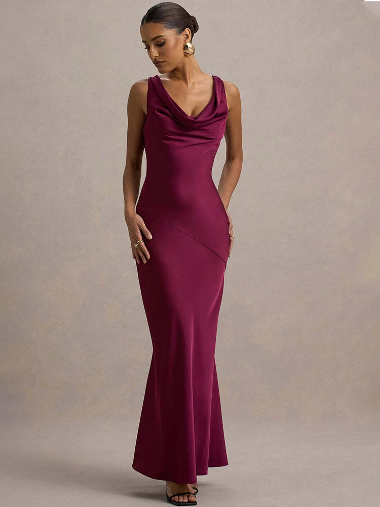Satin Cowl Neck Backless Sexy Maxi Dress Women Gown Fashion Sleeveless Lace-up Bodycon Club Party Long Dress Female