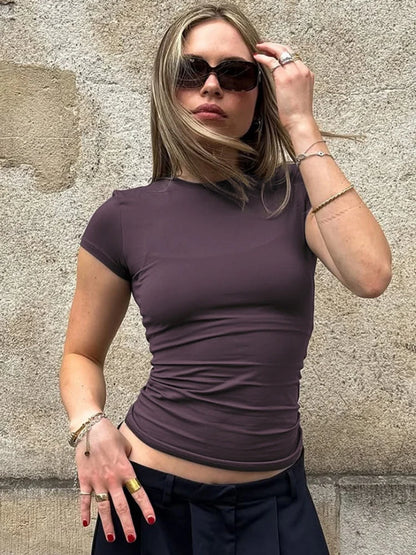 Crew Neck Short Sleeve Crop Tops Solid Color Basic Tight Fitted T Shirts Summer Clothes Woman
