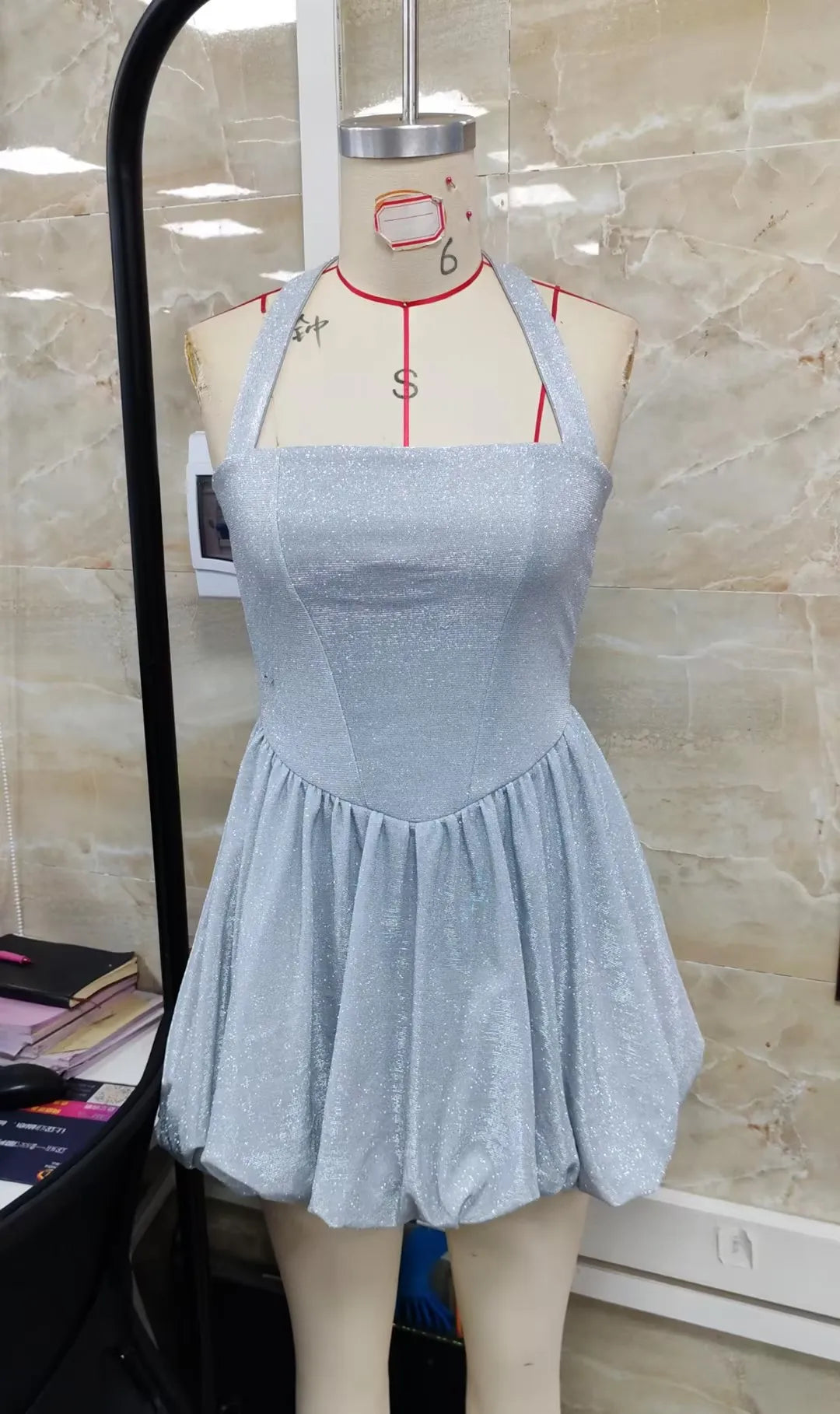 Women's Summer Halter Neck Tulle Mini Dress Glitter Sleeveless Open Back Cross Bandage Puffy Hem Cocktail Dress