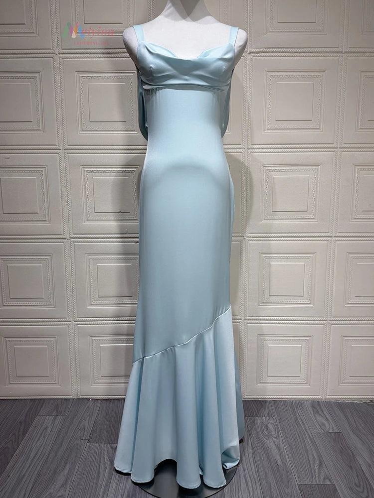 Women Mermaid Sexy Maxi Evening Dress Spaghetti Strap Cowl Neck Backless Formal Wedding Guest Prom Party Long Dress
