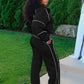 Sporty 2-Piece Set Women Zip Polo-Neck Drawstring Crop Tops+Stripe Pants Matching Simple Casual Tracksuit Streetwear