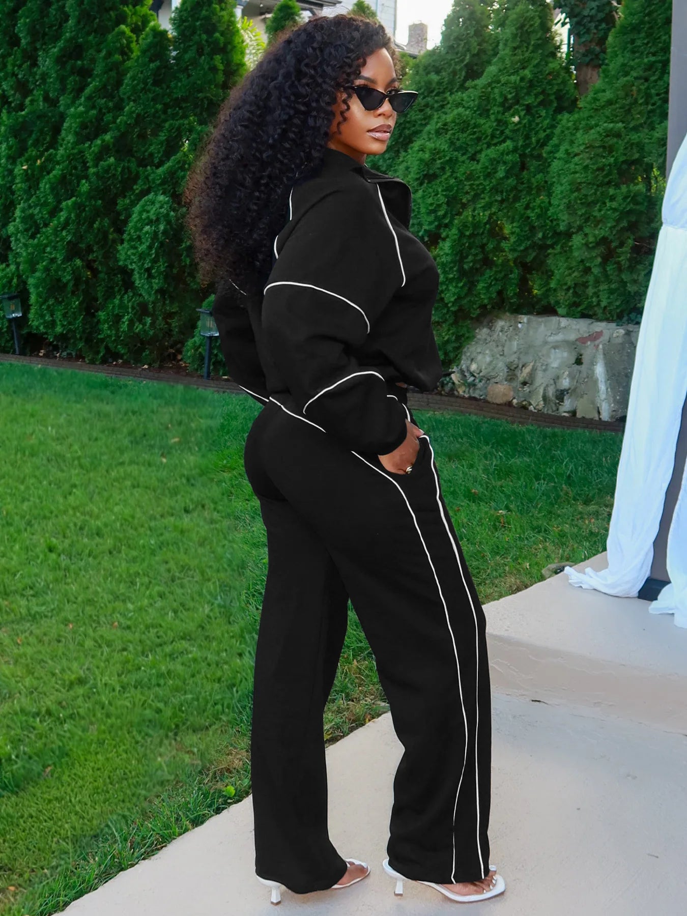 Sporty 2-Piece Set Women Zip Polo-Neck Drawstring Crop Tops+Stripe Pants Matching Simple Casual Tracksuit Streetwear