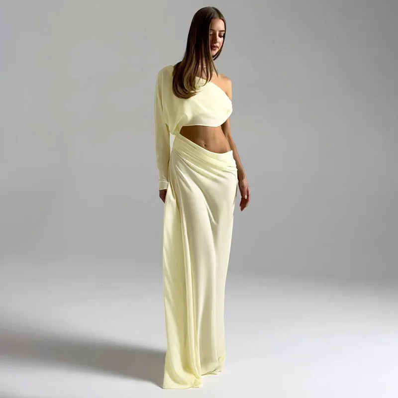Transparent Chiffon One Shoulder Cut Out Long Sleeve Maxi Dress Woman Elegant Yellow Black Evening Dresses