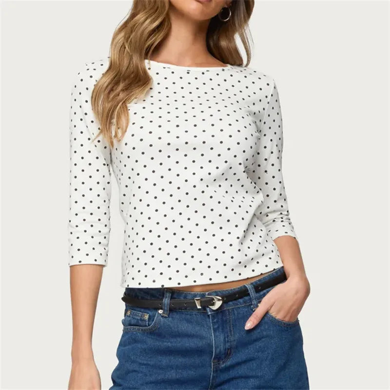 Women's Spring Summer T-Shirt Quarter Sleeve Round Neck Dots Print Slim Fit Tops Blouse Casual Daily Streetwear