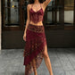 Leopard Patchwork Tassel 2 Piece Set Women Sexy Backless Halter Bandages Tank Top+Irregular Hem Skirt Hottie Clubwear