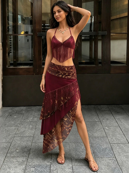 Leopard Patchwork Tassel 2 Piece Set Women Sexy Backless Halter Bandages Tank Top+Irregular Hem Skirt Hottie Clubwear