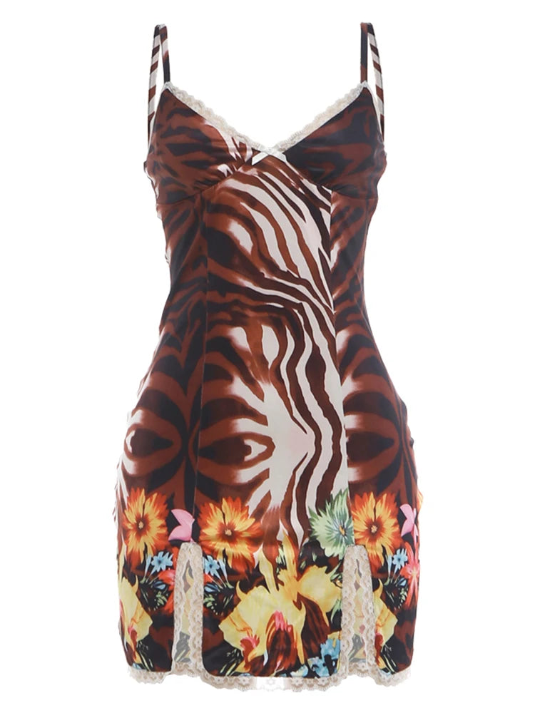 Flower Print Sling Dress Woman Lace Patchwork Low-Neck Backless Shape Waist Irregular Hem Sexy Fashion Mini Bodycon