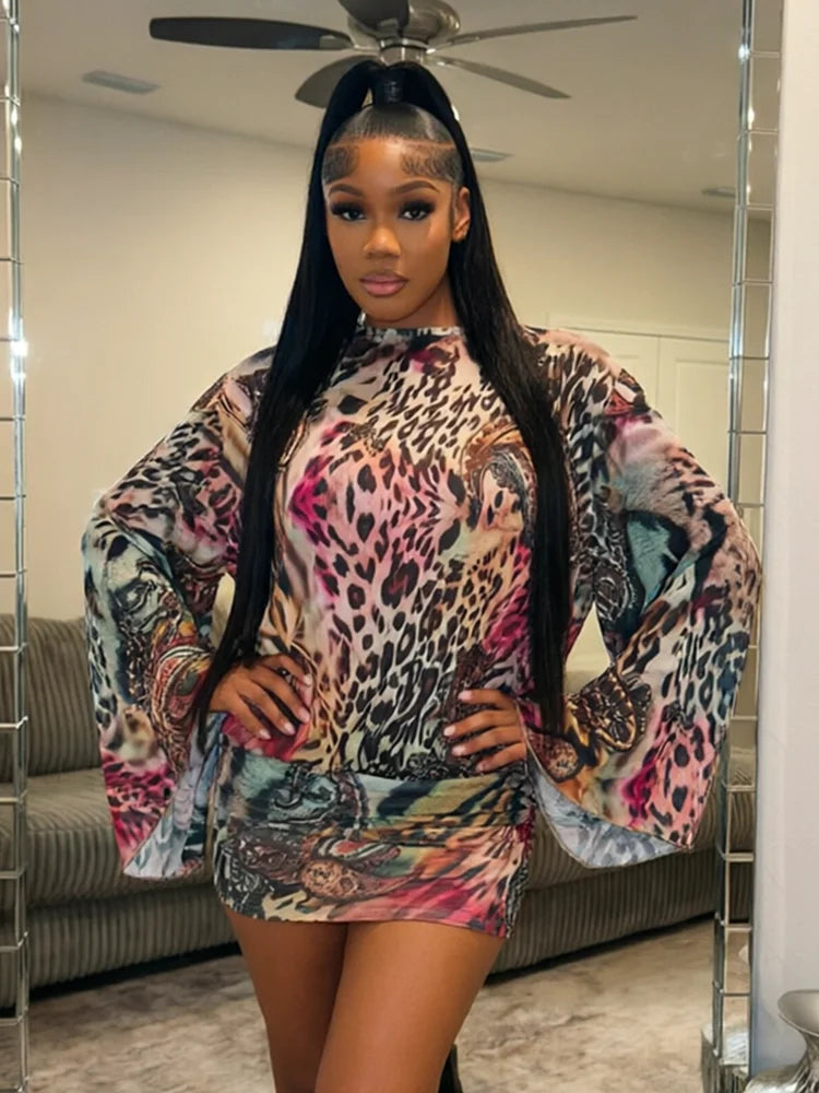 Sexy Backless Dress Women Trend Wild Colorful Print Bandages Bell Sleeves Fashion Chic Street Club Peach Hip Bodycon