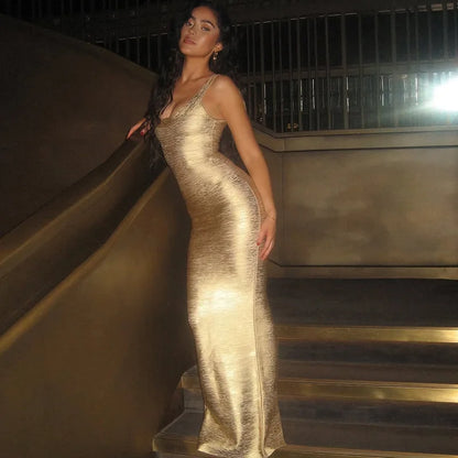 Gold Metallic Sleeveless Backless Bandage Maxi Dress for Woman Sexy Birthday Dresses Luxury 2026 Elegant