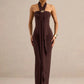 Women Halter Backless Maxi Dress Metal Buckle Decor Draped Sash Ruched Bodycon Long Dress Evening Party Wedding Dress