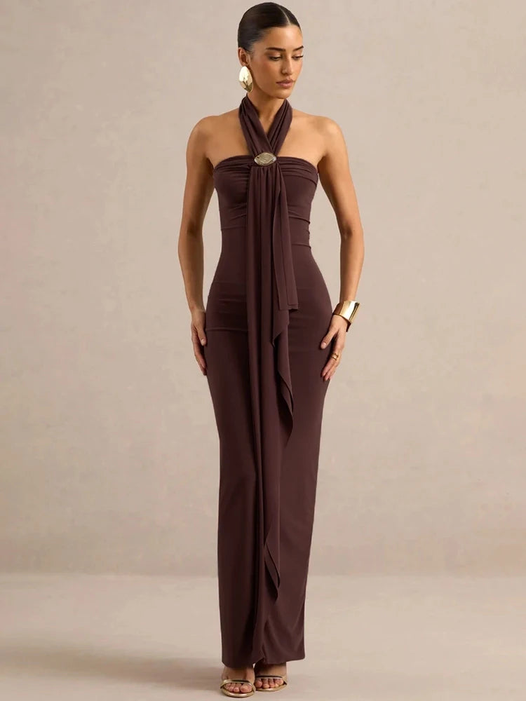 Women Halter Backless Maxi Dress Metal Buckle Decor Draped Sash Ruched Bodycon Long Dress Evening Party Wedding Dress