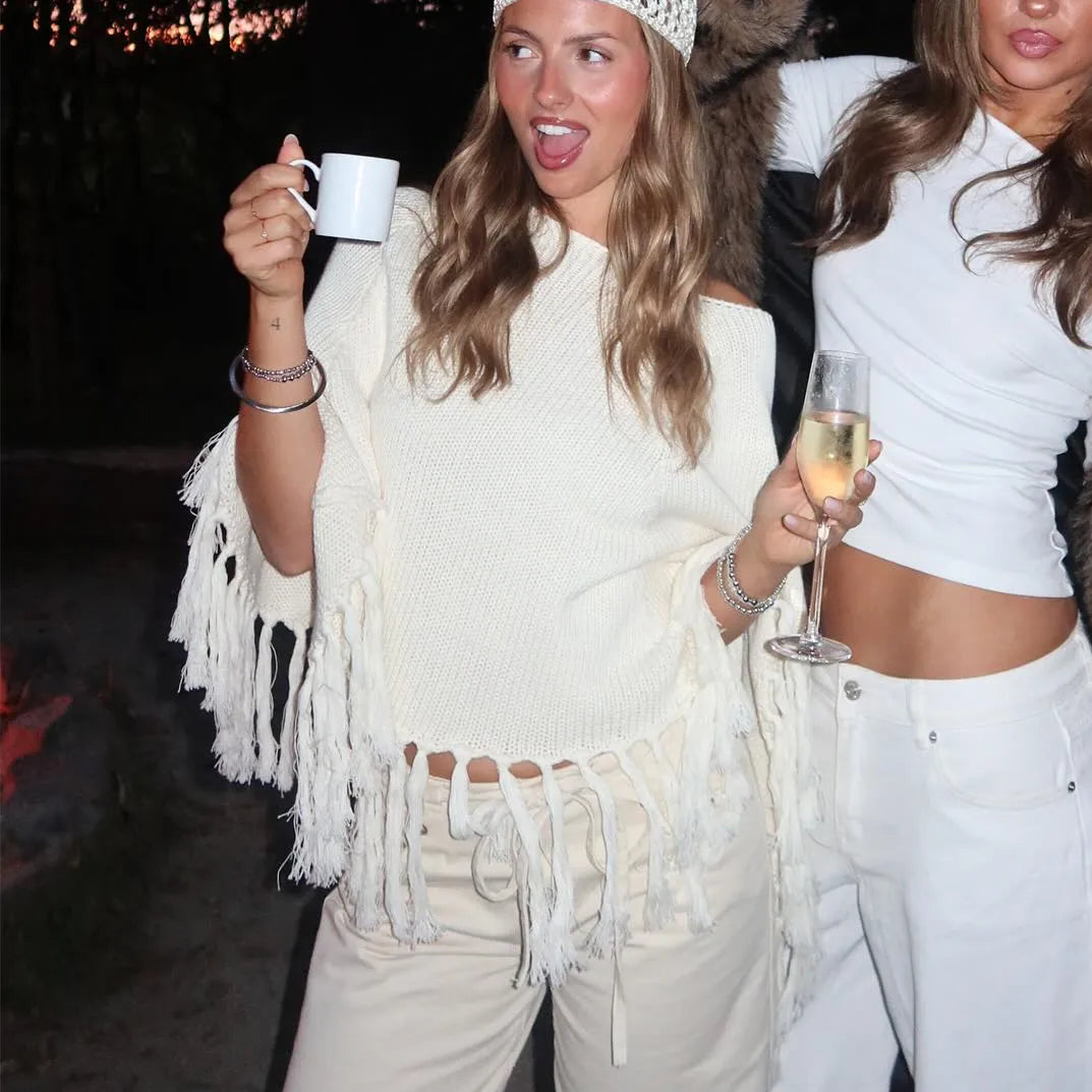 Women Knit Poncho with Tassels Loose Solid Color Boat Neck Cover up Tops Casual Winter Fall Shrug Sweaters