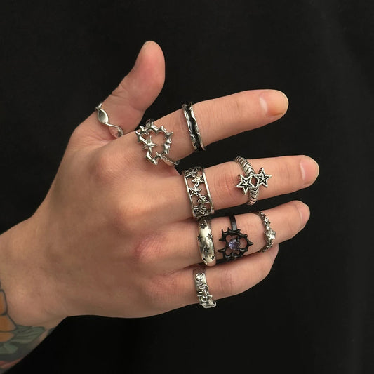 9Pcs/Set Goth Ancient Silver Color Open Rings for Men 2025 Trend Vintage Metal Star Hollow Bat Shape Rings Male Jewelry