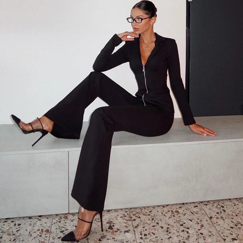 2 Piece Sets Zipper Deep V Long Sleeve Top and Flare Pants Suit Fashion Black Outfits Fall Clothes Women 2024