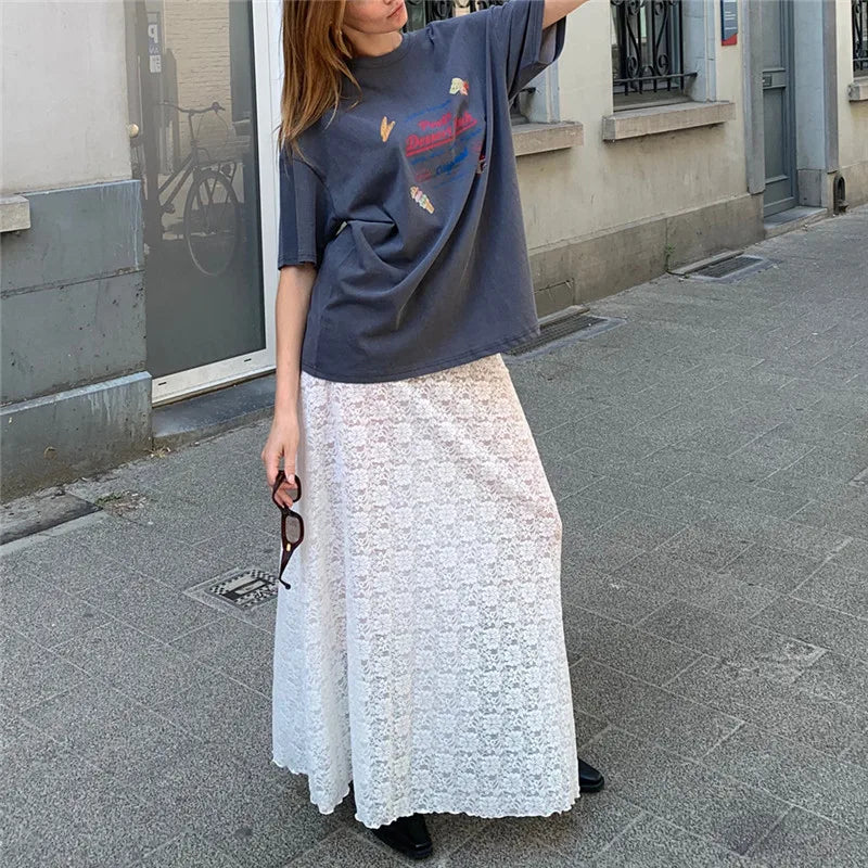 Y2K Women Low Waist Sheer Lace Maxi Skirt Floral Hollow See Through A Line Flowy Long Skirt Vintage Floor Length Skirt