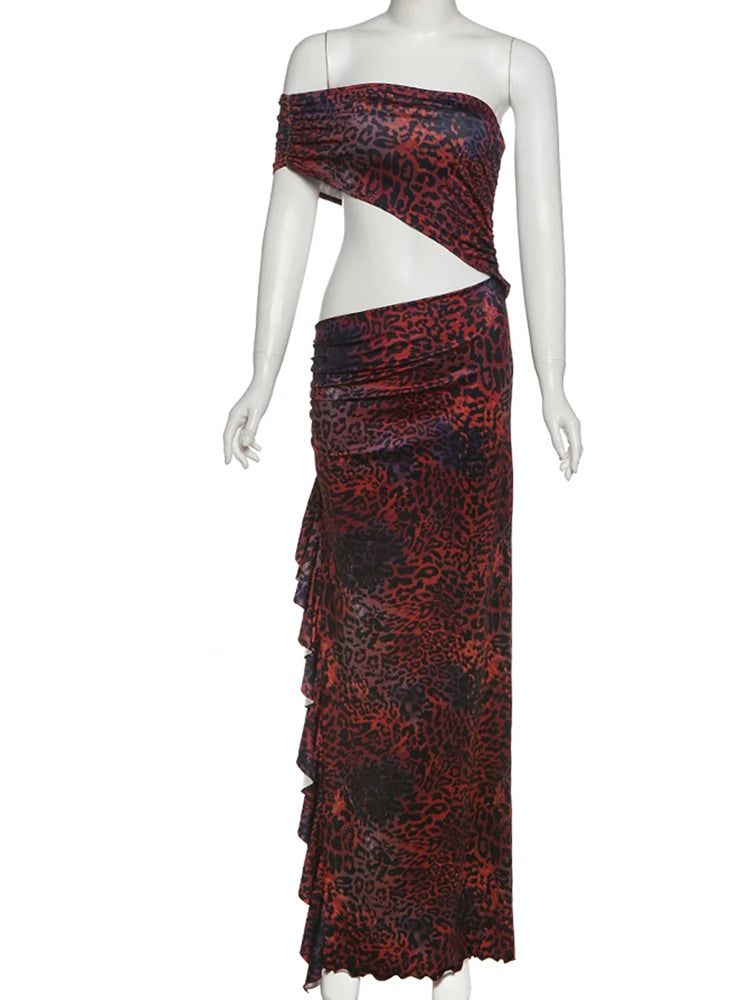 Leopard Print Dress Women Y2K Waistless One Shoulder Sleeveless Ruffles Sexy Beach Party Vacation Chic Club Vestidos