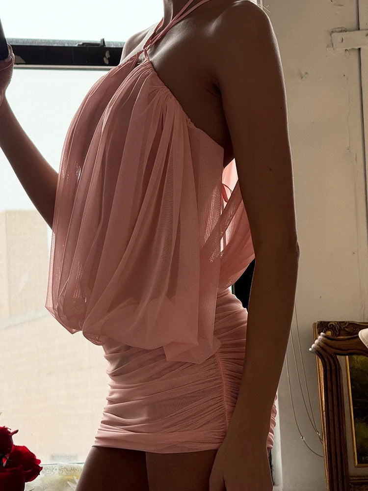 Sexy Mesh Dress Women Elegant Backless Ruched Draping Summer Strapless Summer Beach Vacation Midnight Party Bodycon