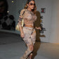 Colorful Print 2-Piece Set Women o-Neck Full Sleeve Crop Top+Elastic Waist Simple Pant See Through Sexy Street Suit