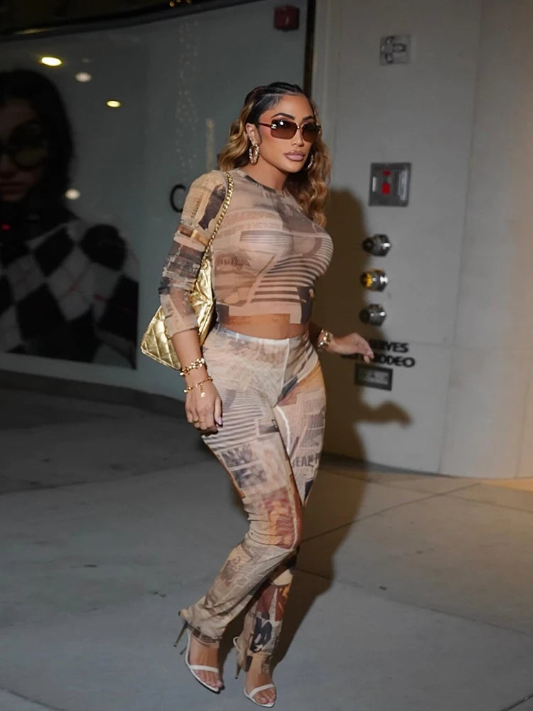 Colorful Print 2-Piece Set Women o-Neck Full Sleeve Crop Top+Elastic Waist Simple Pant See Through Sexy Street Suit