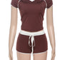 Casual Women 2 Piece Set Tracksuit Stretch Sporty Polo Neck Crop Tops+Wide Waist Shorts Matching Streetwear Outfits