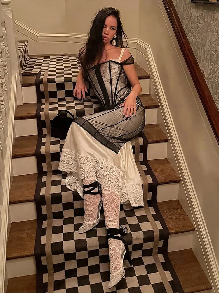 Sexy Double-Decker Lace Dress Women Fake 2-Piece Patchwork Bow Jacquard Elegant Slip Birthday Evening Skinny Bodycon