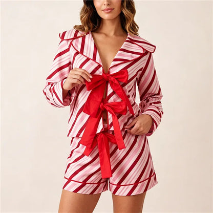 Women Christmas Candy Cane Striped 2 Piece Pajama Set Lapel Collar Front Bow Long Sleeve Top Shorts Loungewear Sleepwear