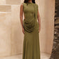 Women High Neck Sleeveless Maxi Dress Side Back Cutout Draped Knot Ruched Mermaid Evening Wedding Guest Formal Dress
