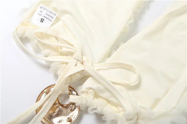 Sexy See Through Dress Women 3D Flowers Metal Buckle Halter Backless Bandage Camisole+Skirts Beach Vacation Clubwear