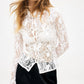 Women Long Sleeve Lace Blouse Stand Collar Floral Crochet Hollow Out Sheer Button Front Slim Vintage Cover Up Shirt
