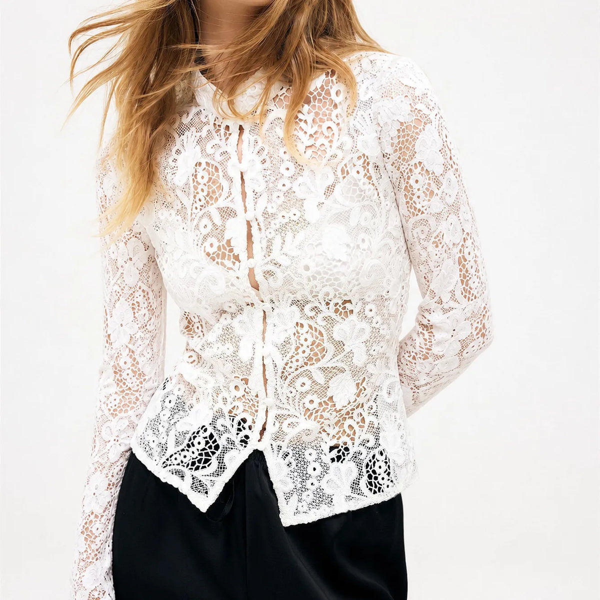 Women Long Sleeve Lace Blouse Stand Collar Floral Crochet Hollow Out Sheer Button Front Slim Vintage Cover Up Shirt