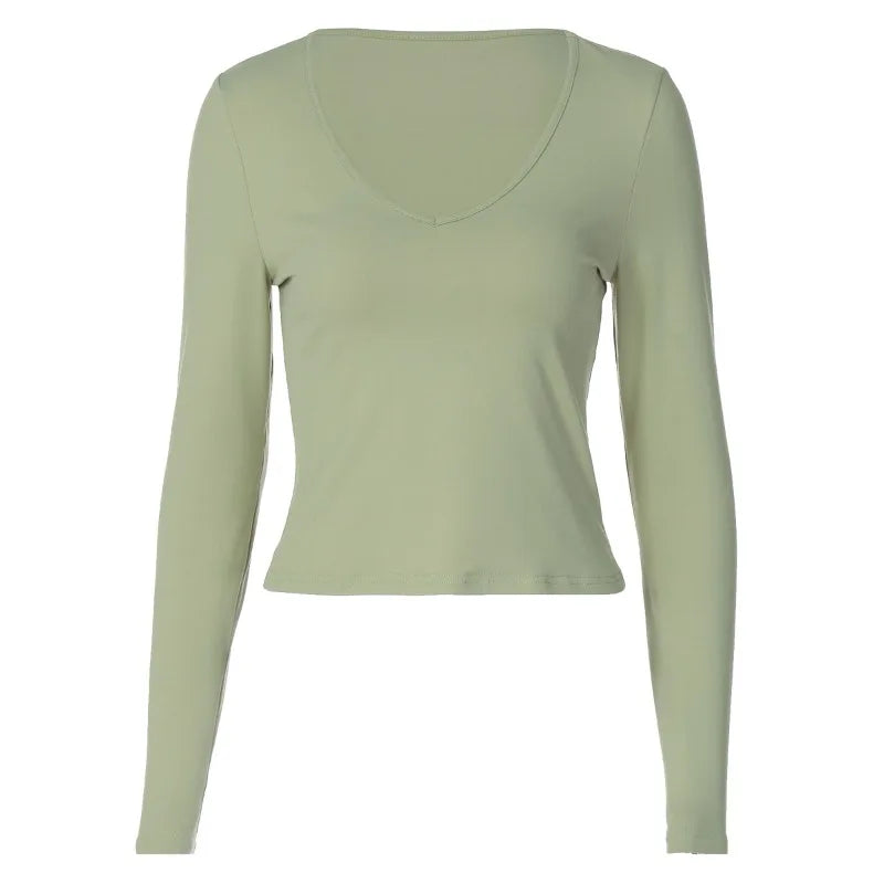 Solid Color Basic Casual Autumn Tops 2025 Fashion Clothes for Woman V Neck Long Sleeve T Shirts