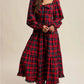 Women Christmas Tartan Plaid Tiered Maxi Dress Square Neck Lace Trim Bow Long Puff Sleeve Smocked Back Ruffle Hem Dress