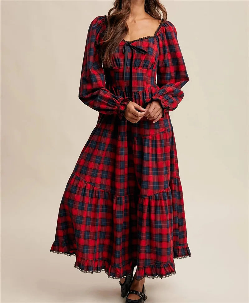 Women Christmas Tartan Plaid Tiered Maxi Dress Square Neck Lace Trim Bow Long Puff Sleeve Smocked Back Ruffle Hem Dress