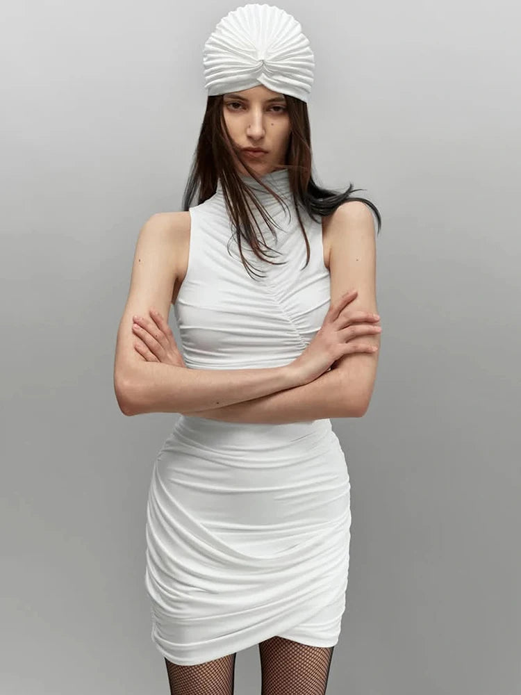 Women Sleeveless Turtleneck Bodycon Mini Dress Diagonal Ruched Wrap Hem Slim Short Dress Elegant Club Night Out Dresses