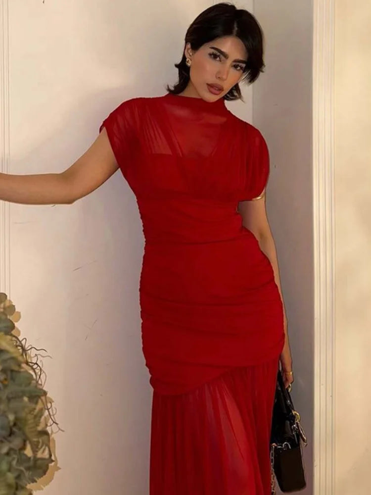 Mesh Sheer Flowy Pleated Maxi Dresses Elegant Wedding Guest Dress Women Clothing Party Outfits