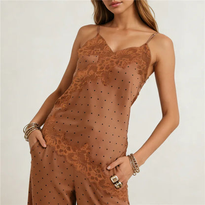 Fashion Summer Women Satin Camisole Top Y2K Polka Dot Lace Trim Spaghetti Strap V Neck Blouse Casual Streetwear
