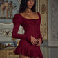 Long Sleeve Ruffled Sexy Mini Dress For Women Fashion Square Collar Backless Lace-up Bodycon Club Party Dress Elegant