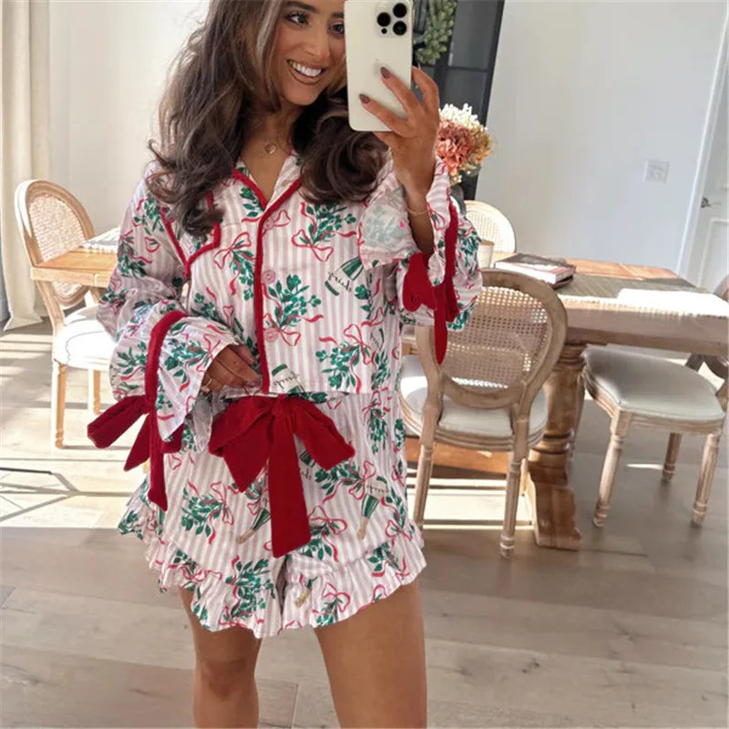 Women’s 2 Piece Pajamas Set Y2K Cute Long Sleeve Wine Striped Print Shirts and Shorts Pant Set Casual Loungewear