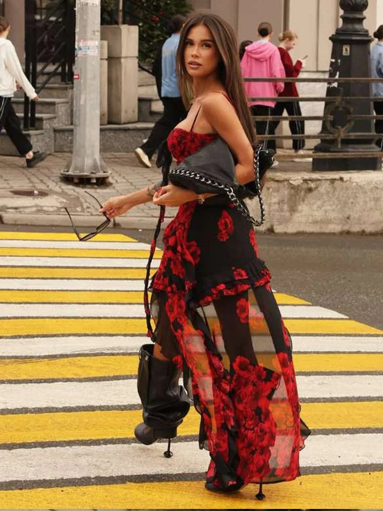 Flower Print Dress Women Y2K Irregular Ruffles Tassel Hem Low-Neck Folds Skinny Sexy Street Midnight Party Bodycon