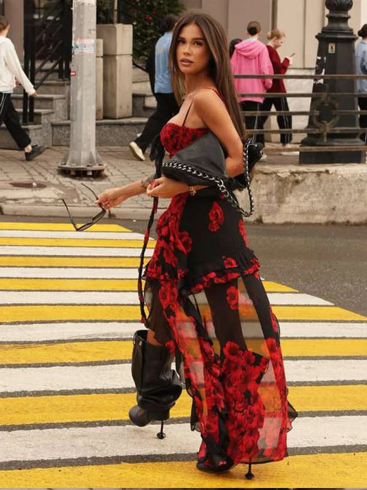 Flower Print Dress Women Y2K Irregular Ruffles Tassel Hem Low-Neck Folds Skinny Sexy Street Midnight Party Bodycon