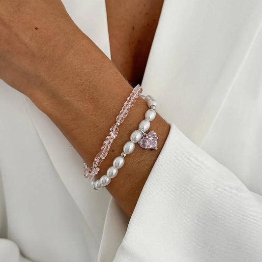 2Pcs/Set Elegant Imitation Pearl Crystal Chain Bracelets for Women Shinny Rhinestone Heart Pendant Bracelet Jewelry Gift