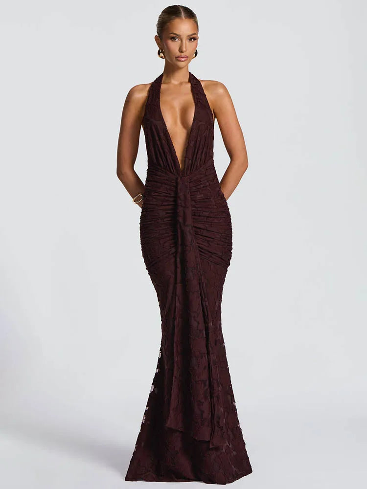 Halter Deep V Neck Sexy Maxi Dress Women Gown Fashion Sleeveless Backless Draped Ruched Club Party Long Dress Female