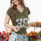 Vintage Lace Number Print T-shirt Slim V Neck Short Sleeve Top, Y2K Casual Fitted Tee, Sporty Graphic Crop T-shirt
