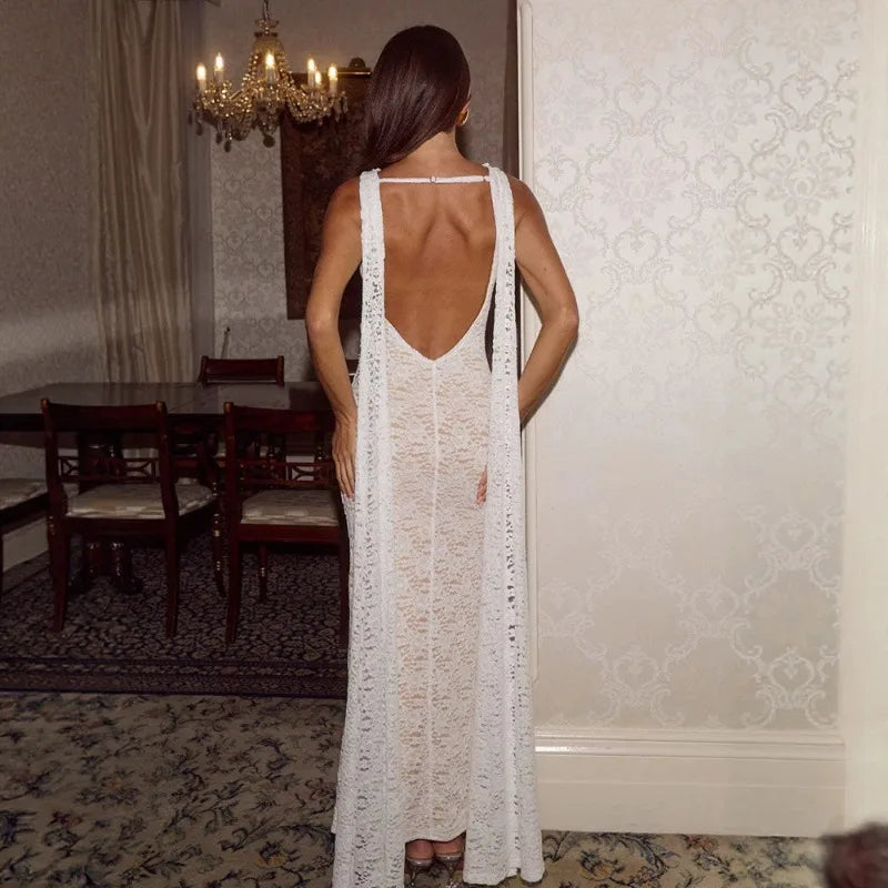 Boat Neck Sleeveless Backless Maxi Dress White Lace Elegant Party Wear Wedding Guest Dresses Women Clothes