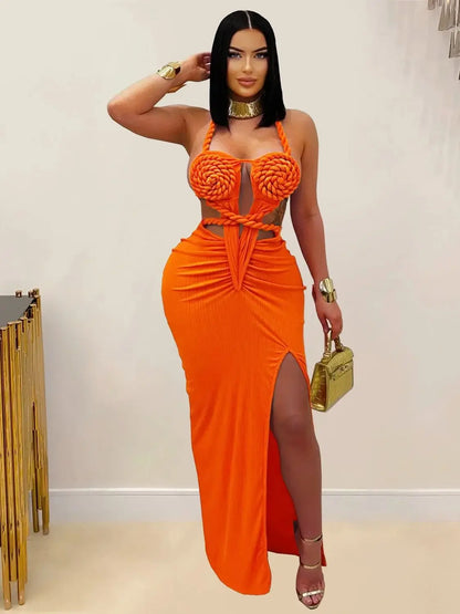 Sexy Plait Dress Women Summer Peach Buttocks Backless Sleeveless Split Hollow Midnight Party Clubwear Maxi Bodycon