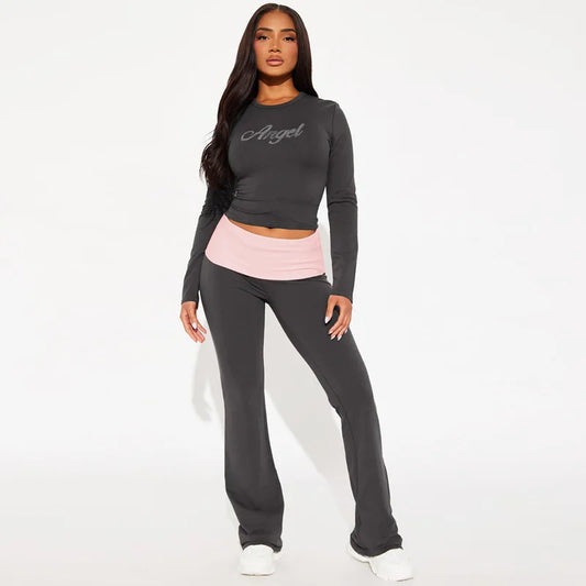 Casual Two Piece Set Women Outfits Rhinestone Long Sleeve Top Flare Pants Suit Pajama Fall Clothes Women