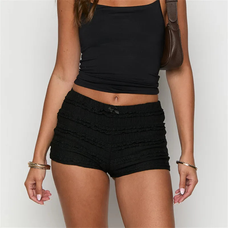 Women Summer Y2K Lace Tiered Shorts Low Waist Bow Front Ruffle Hot Pants Casual Smocked Bodycon Mini Shorts