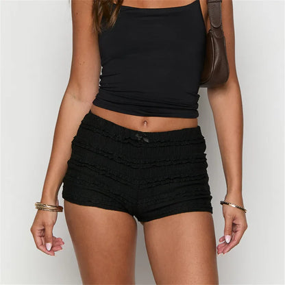 Women Summer Y2K Lace Tiered Shorts Low Waist Bow Front Ruffle Hot Pants Casual Smocked Bodycon Mini Shorts