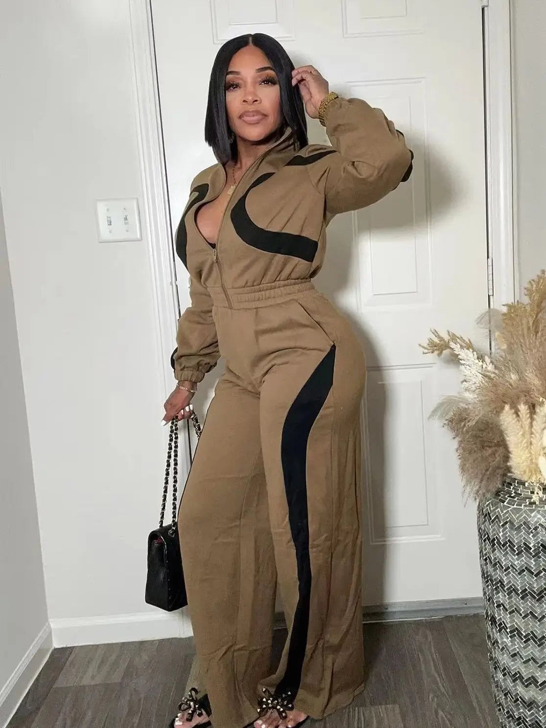 Sporty Patchwork Jumpsuit Women Casual Lapel Spring Ternd Full Sleeve Zip Stretch Hipster Streetwear Straight Overall